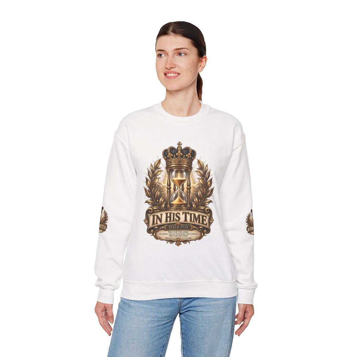 In His Time Crewneck Sweatshirt – Inspirational Christian Scripture Hourglass Design