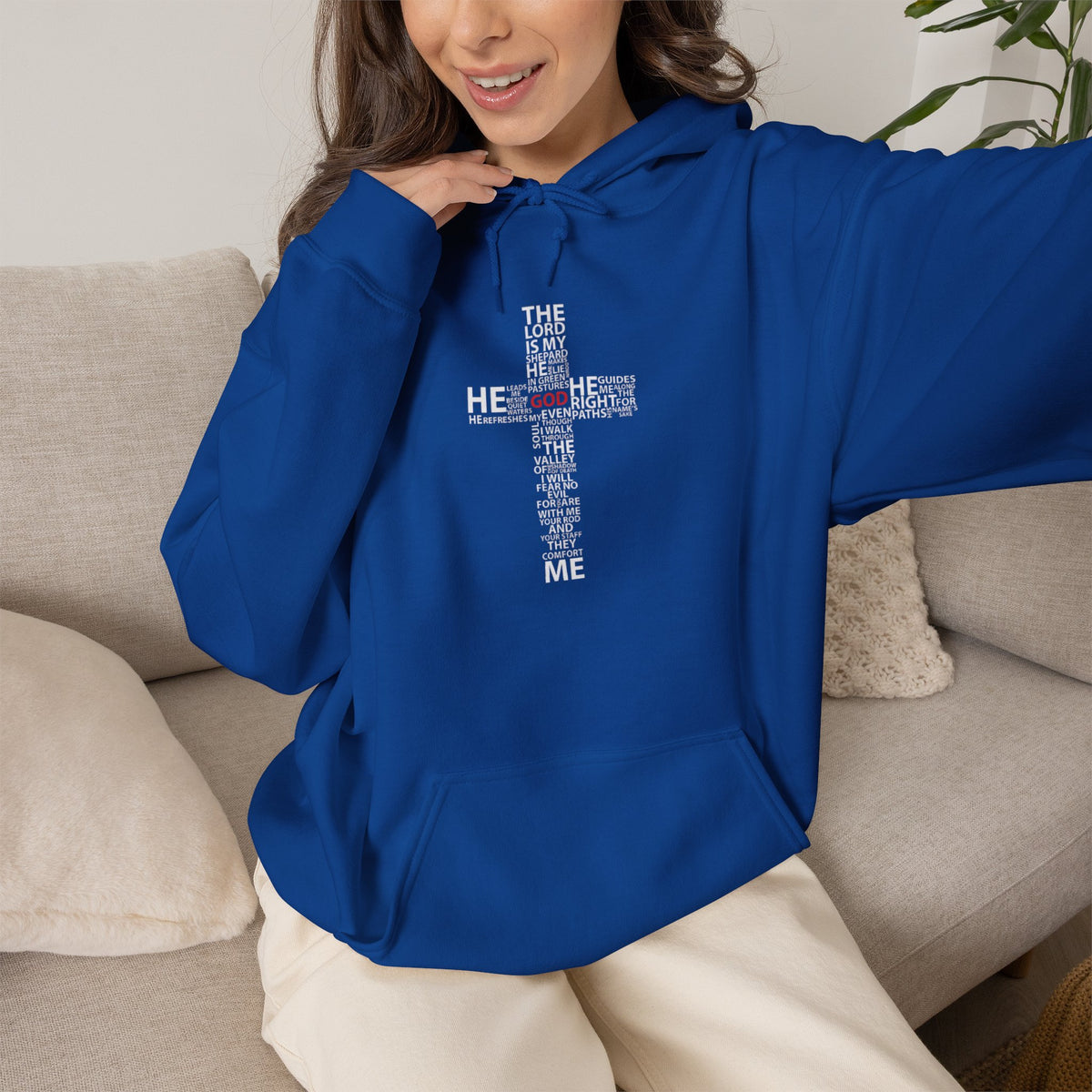 Christian Cross Hoodie - "He Renewed Me" Word Cloud Faith Sweatshirt