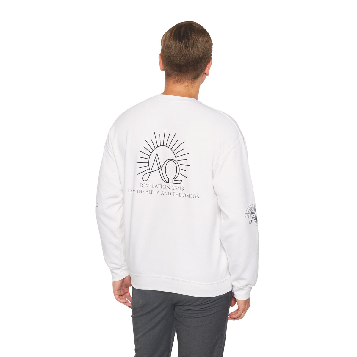 Alpha & Omega Crewneck Sweatshirt — Revelation 22:13 Christian Graphic Pullover