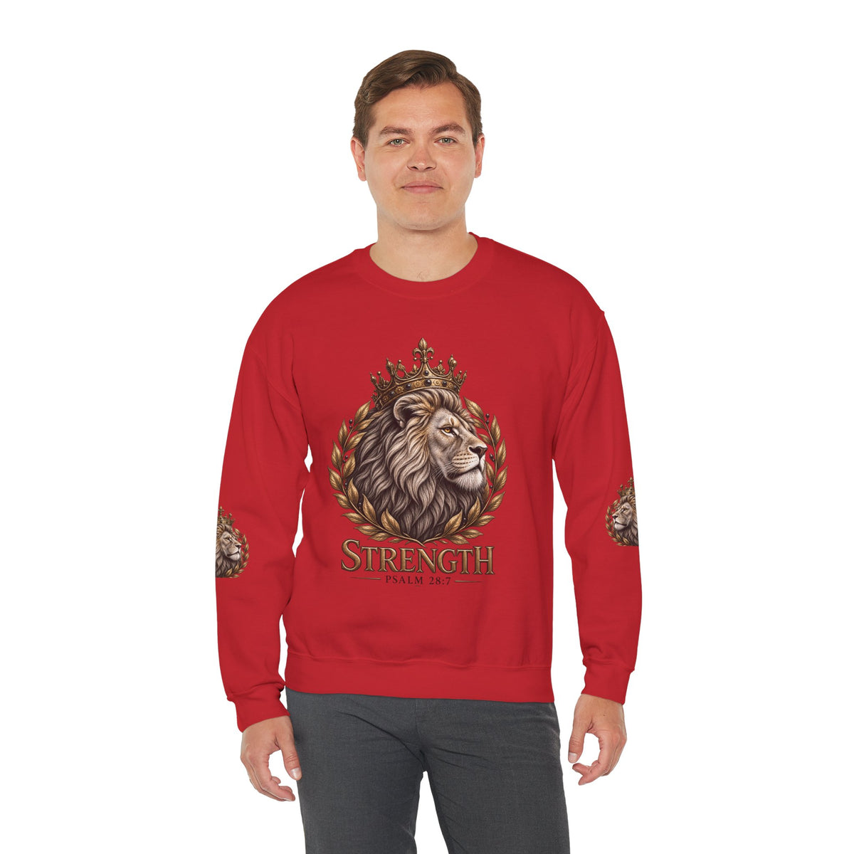Strength Lion Crewneck Sweatshirt — Psalm 28:7 Inspirational Pullover