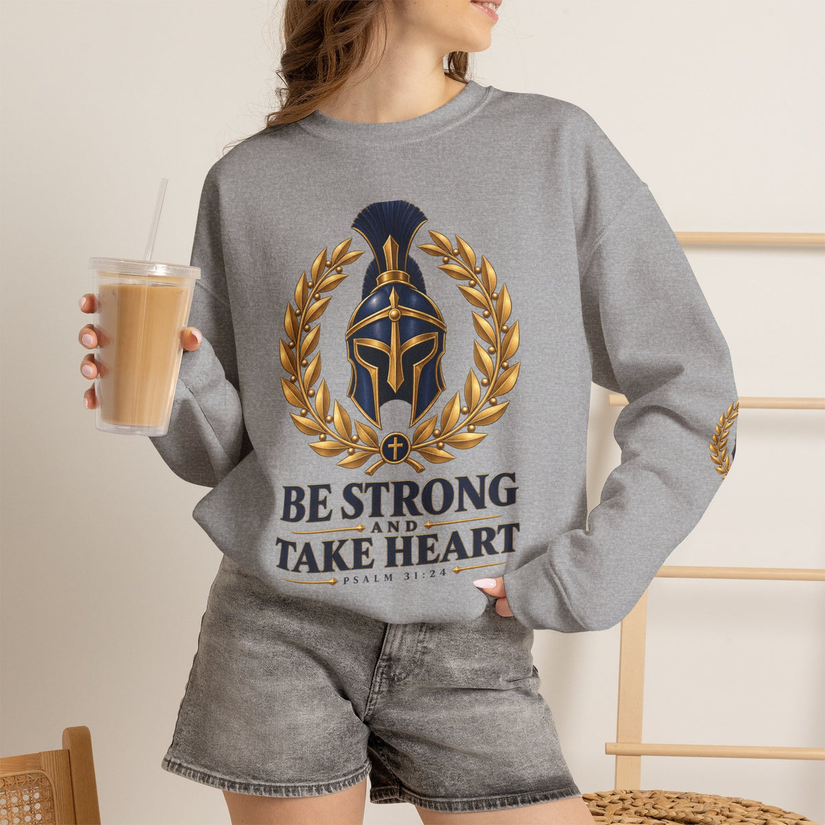 Crewneck Sweatshirt — "Be Strong and Take Heart" Psalm 31:24 Spartan Helmet Design