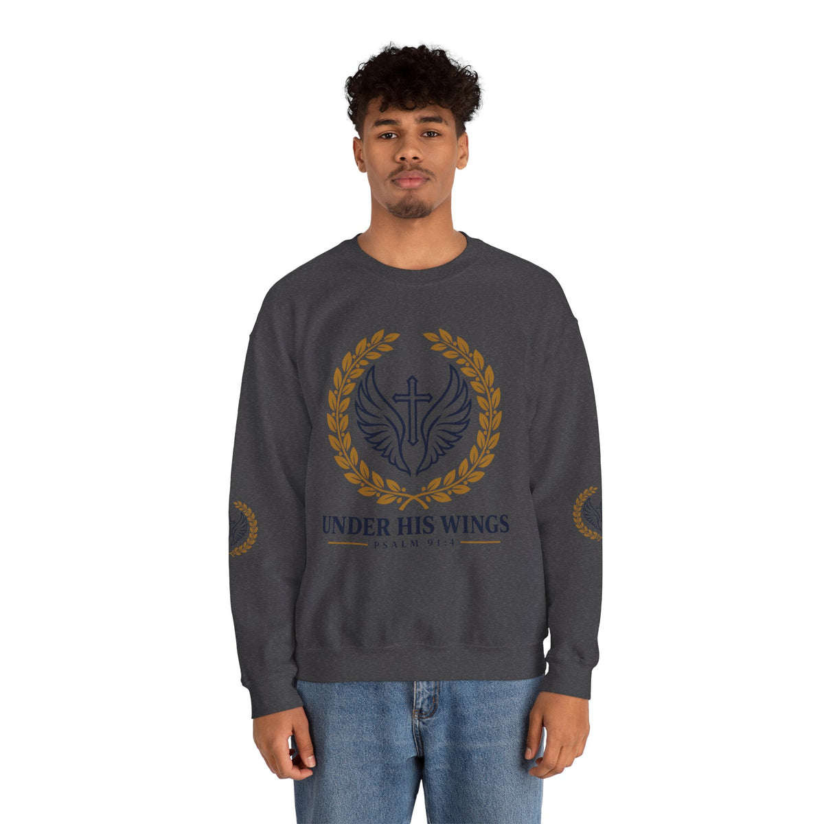 Religious Crewneck Sweatshirt – “Under His Wings” Psalm 91:4 Christian Pullover