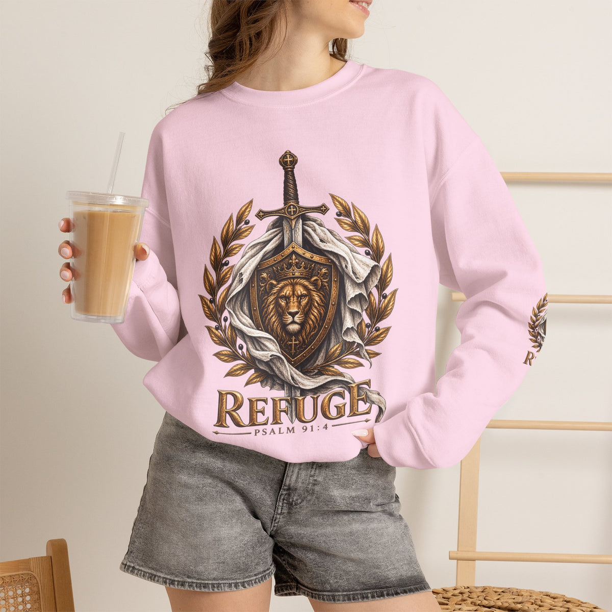 Crewneck Sweatshirt — 'Refuge' Lion & Sword Psalm 91:4 Christian Pullover