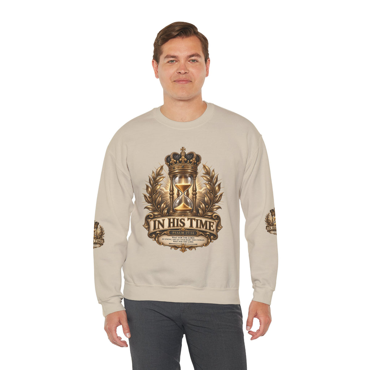 In His Time Crewneck Sweatshirt – Inspirational Christian Scripture Hourglass Design
