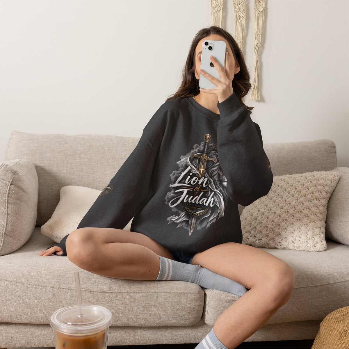 Lion of Judah Sweatshirt — Christian Lion Crewneck with Crown & Ichthys Back