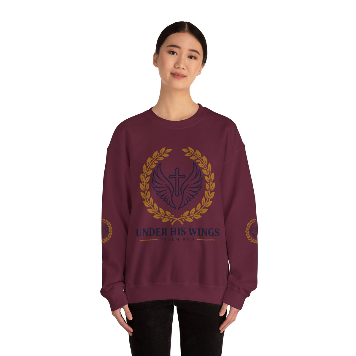 Religious Crewneck Sweatshirt – “Under His Wings” Psalm 91:4 Christian Pullover