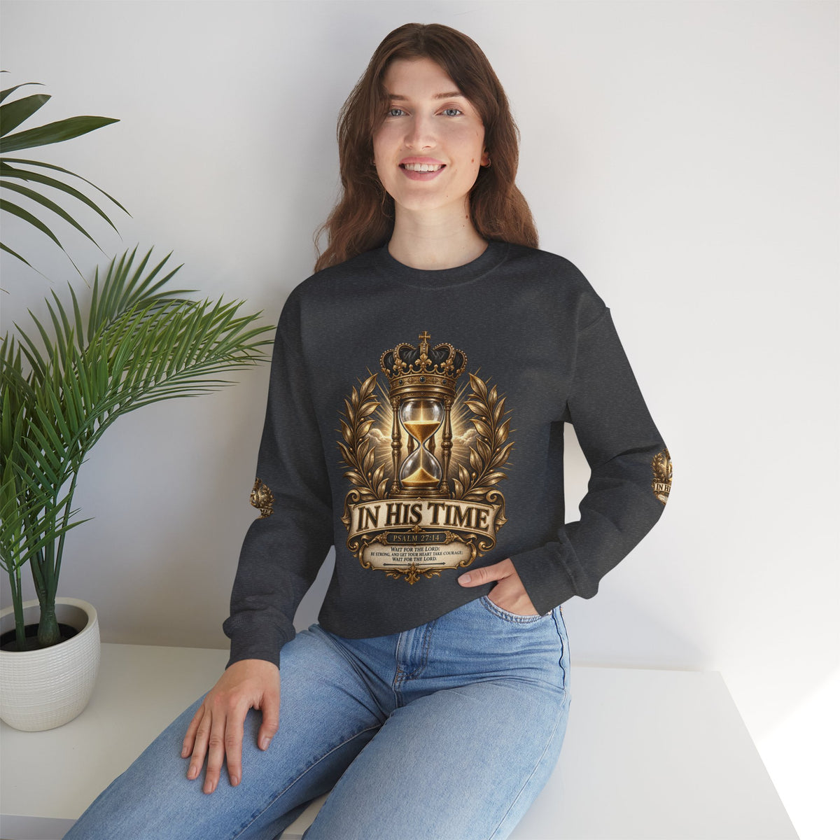 In His Time Crewneck Sweatshirt – Inspirational Christian Scripture Hourglass Design