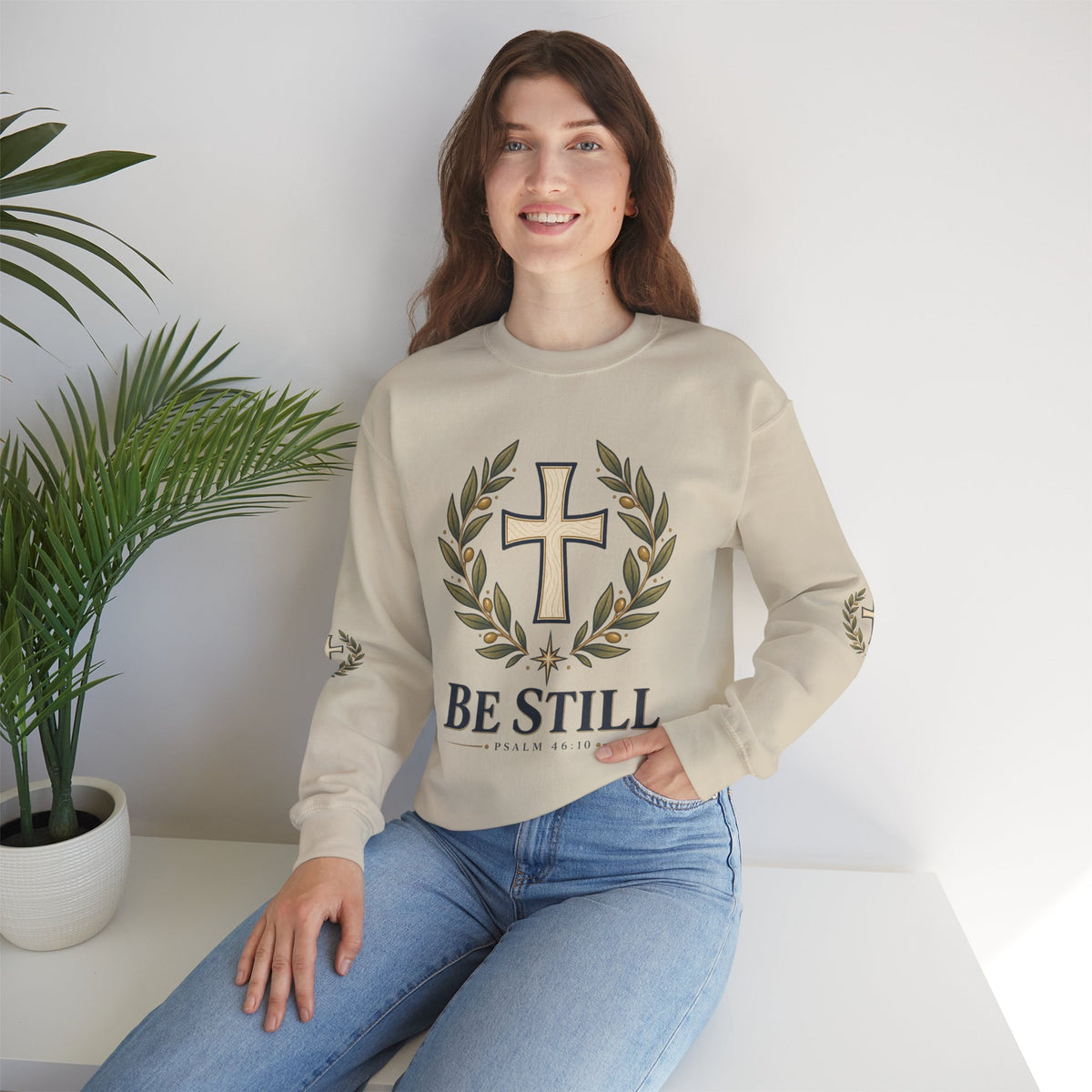 Crewneck Sweatshirt — "Be Still" Psalm 46:10 Christian Cross Design