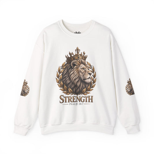 Strength Lion Crewneck Sweatshirt — Psalm 28:7 Inspirational Pullover
