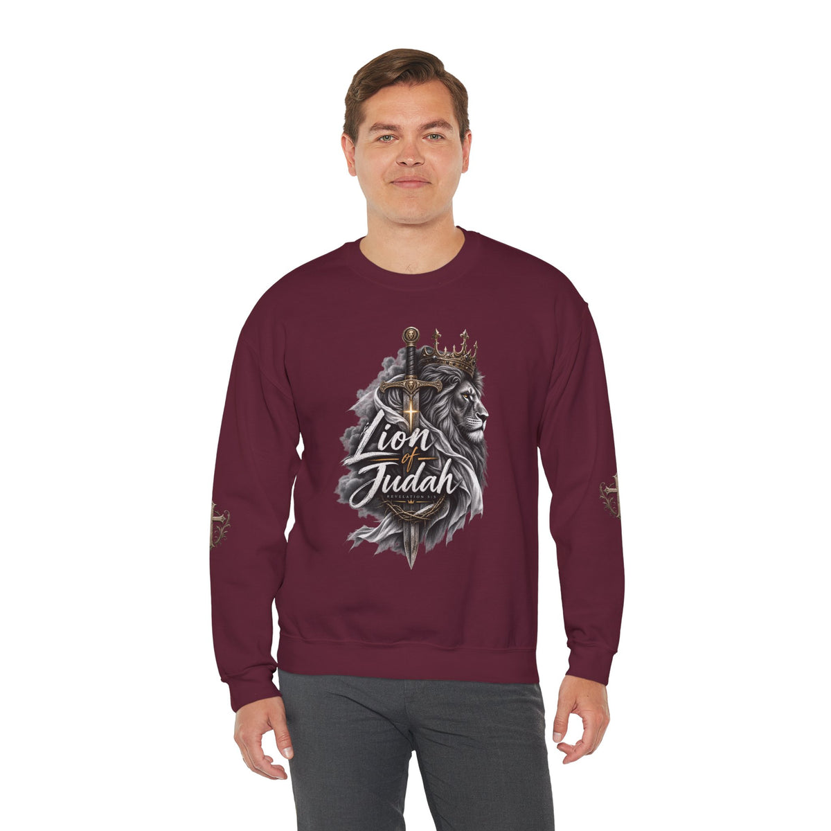 Lion of Judah Sweatshirt — Christian Lion Crewneck with Crown & Ichthys Back