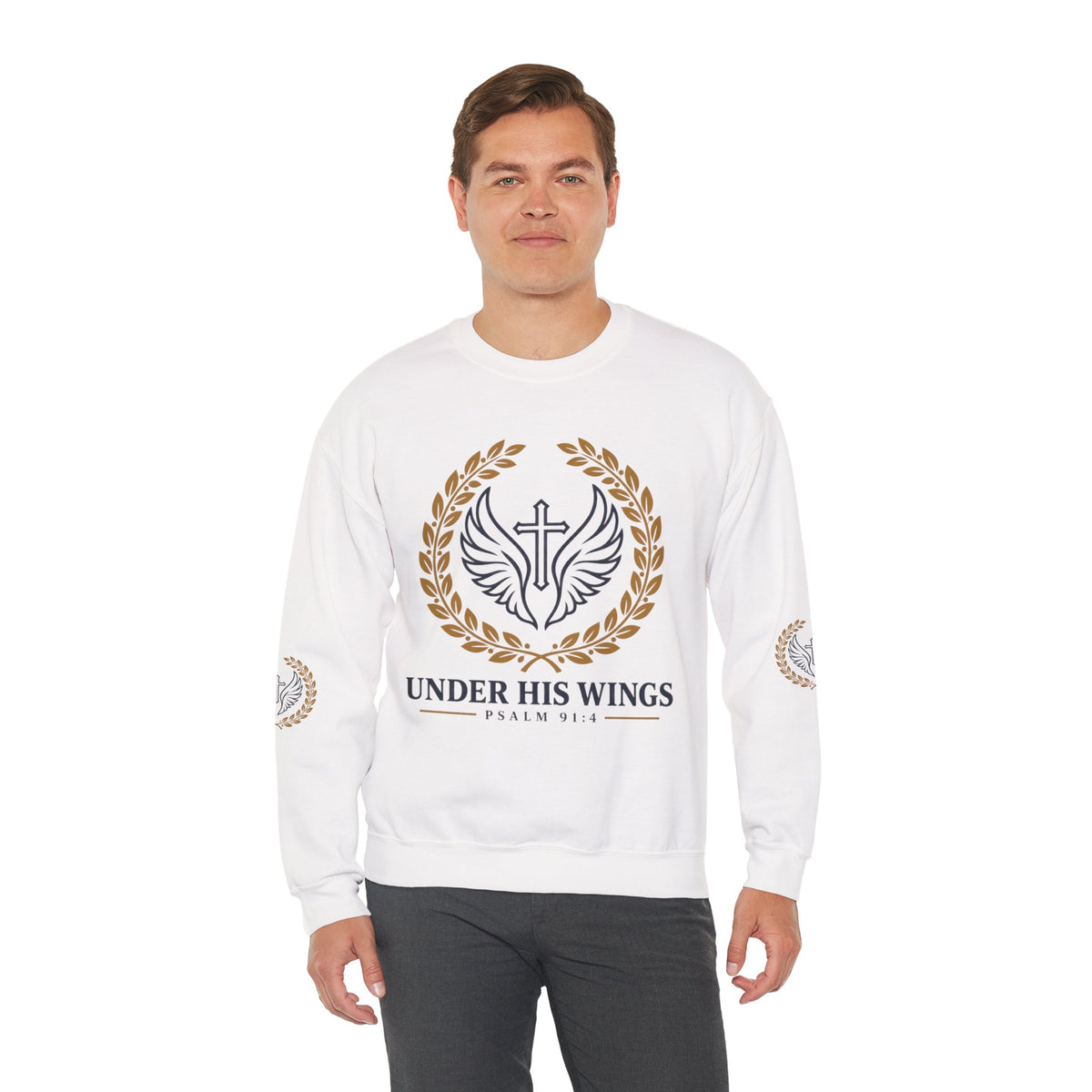 Religious Crewneck Sweatshirt – “Under His Wings” Psalm 91:4 Christian Pullover