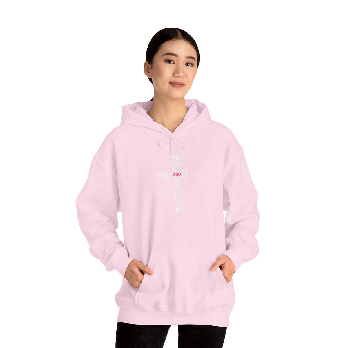 Christian Cross Hoodie - "He Renewed Me" Word Cloud Faith Sweatshirt