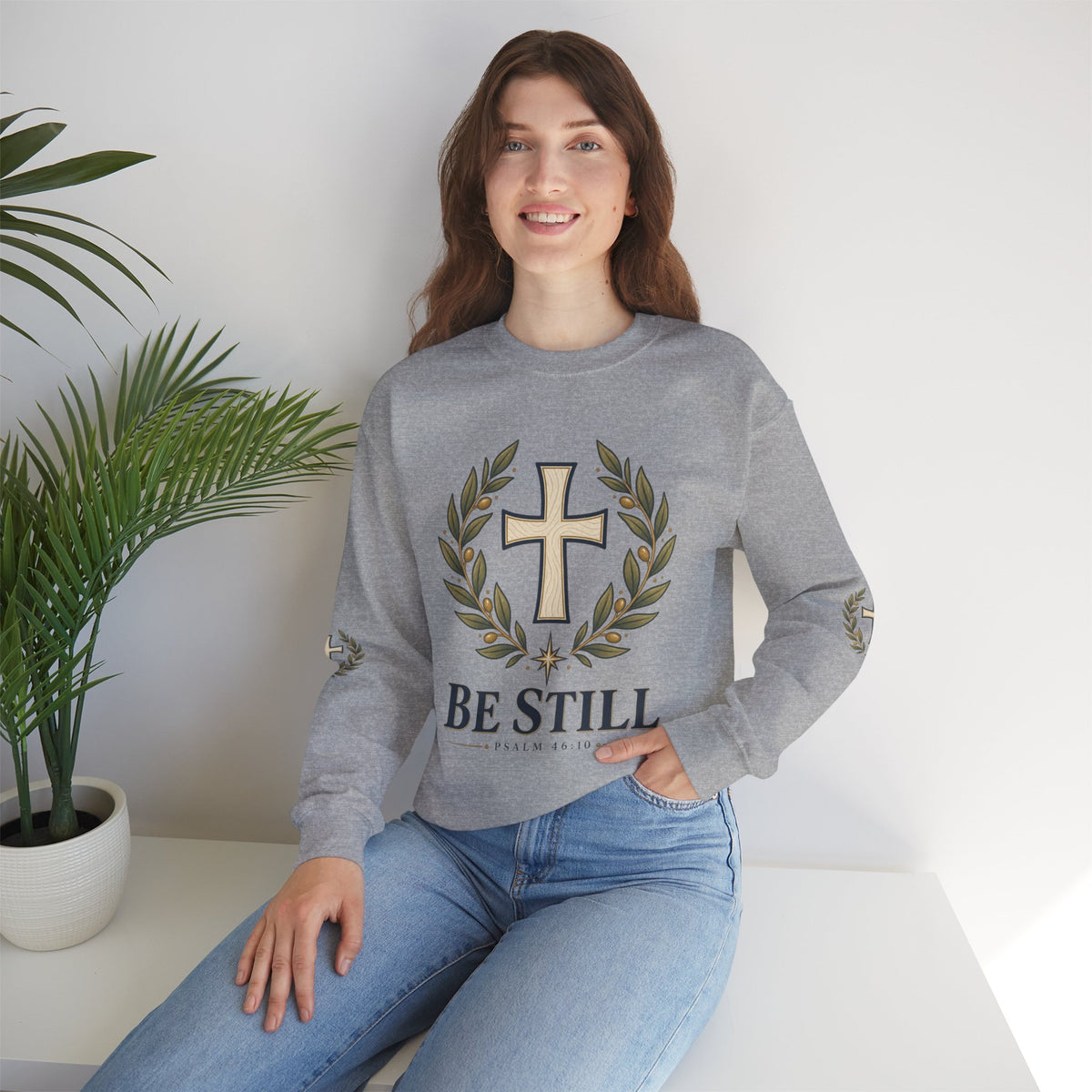 Crewneck Sweatshirt — "Be Still" Psalm 46:10 Christian Cross Design