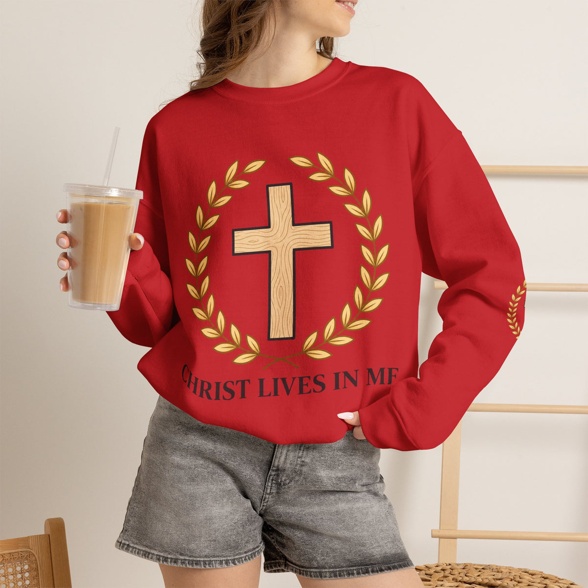 Christian Cross Crewneck Sweatshirt – "Christ Lives in Me" Religious Pullover