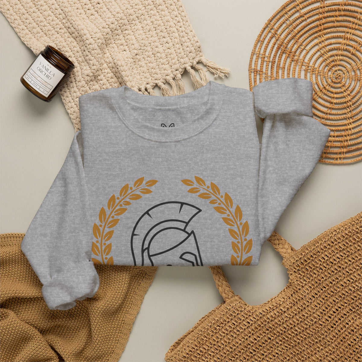 Courage Spartan Helmet Crewneck Sweatshirt — "Courage" with Laurel & Psalm 121:1-2