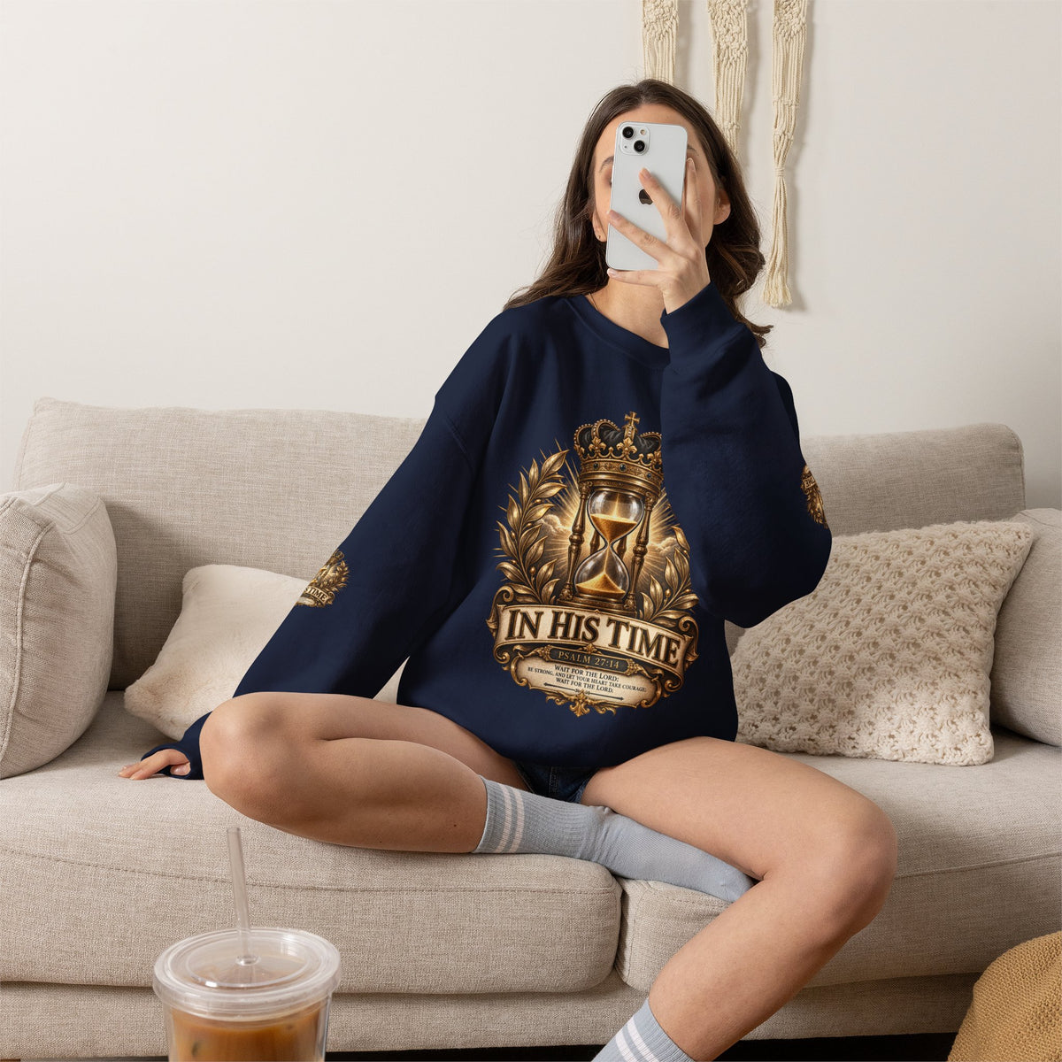 In His Time Crewneck Sweatshirt – Inspirational Christian Scripture Hourglass Design