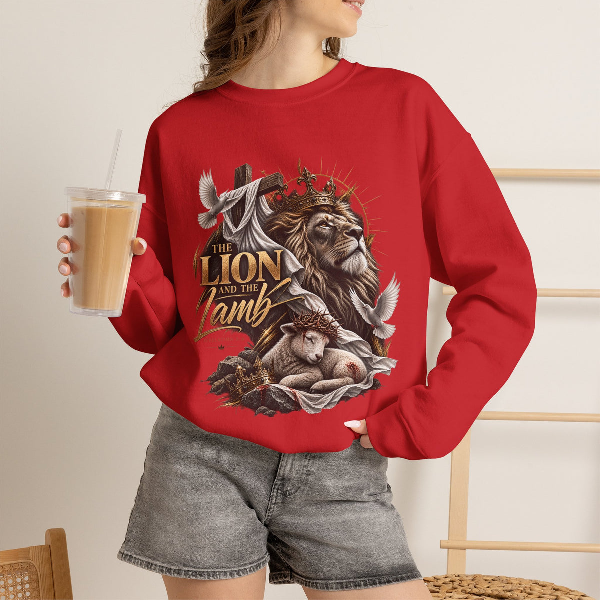 Lion and Lamb Crewneck Sweatshirt — "The Lion and the Lamb" Christian Graphic Pullover