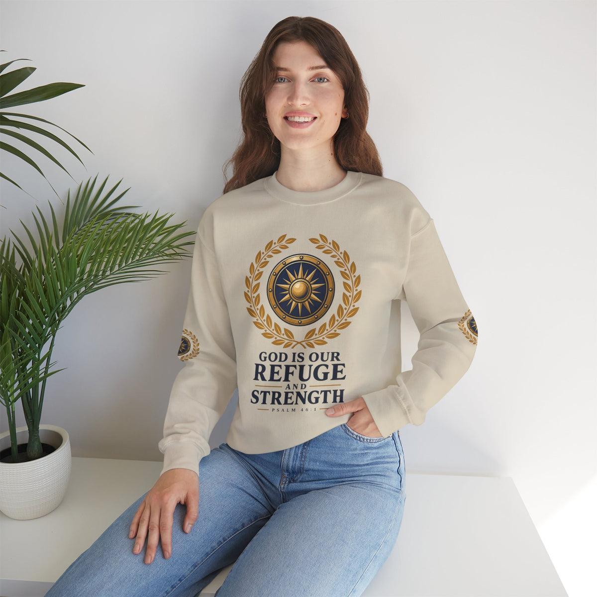 Crewneck Sweatshirt — “God Is Our Refuge and Strength” Psalm 46:1 Christian Faith Pullover