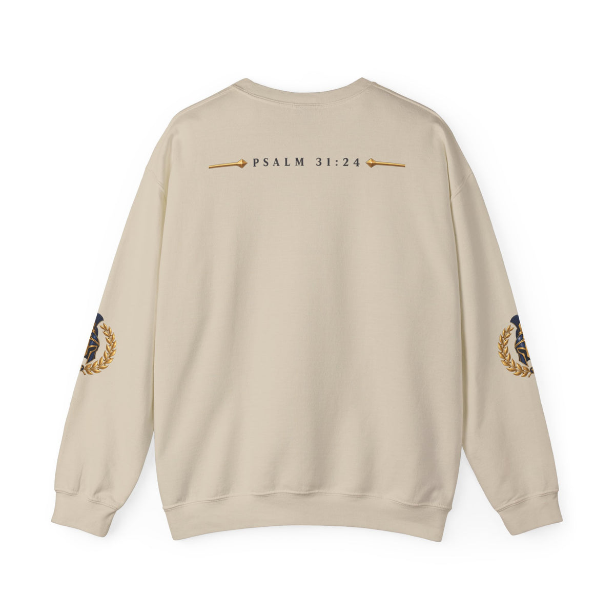 Crewneck Sweatshirt — "Be Strong and Take Heart" Psalm 31:24 Spartan Helmet Design