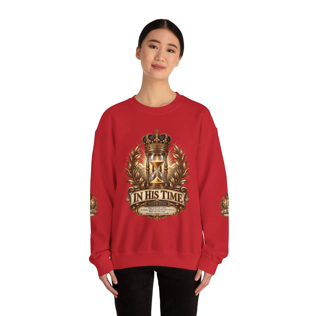 In His Time Crewneck Sweatshirt – Inspirational Christian Scripture Hourglass Design