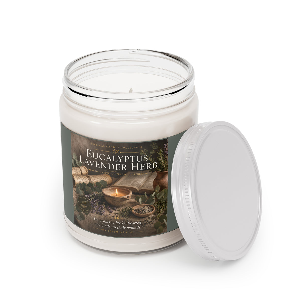 Eucalyptus Lavender Herb Soy Candle — 9oz Scented Jar with White Lid