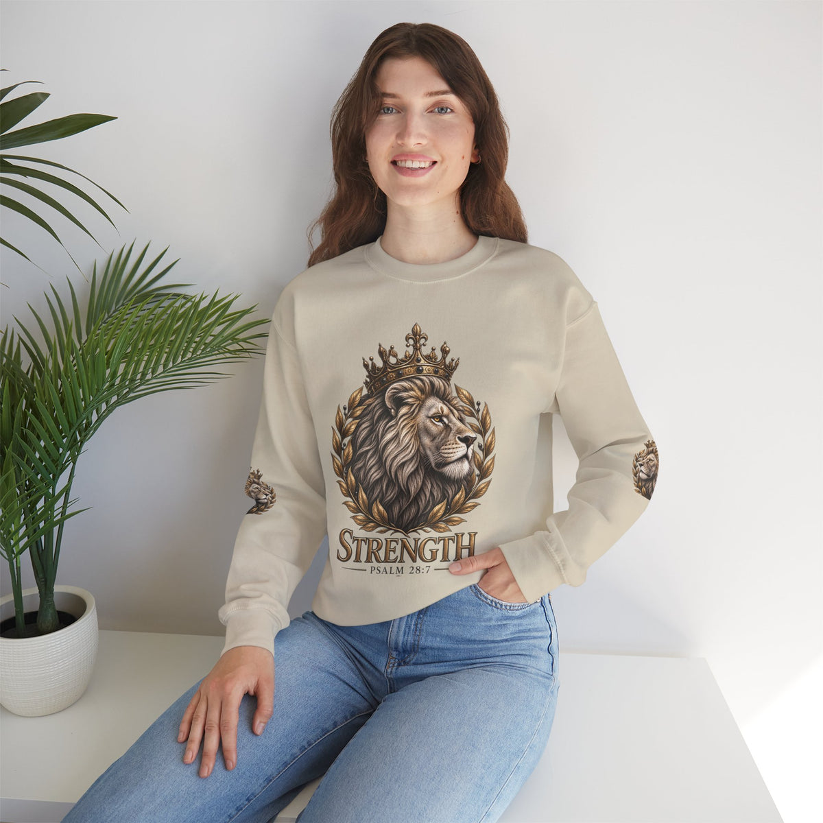 Strength Lion Crewneck Sweatshirt — Psalm 28:7 Inspirational Pullover