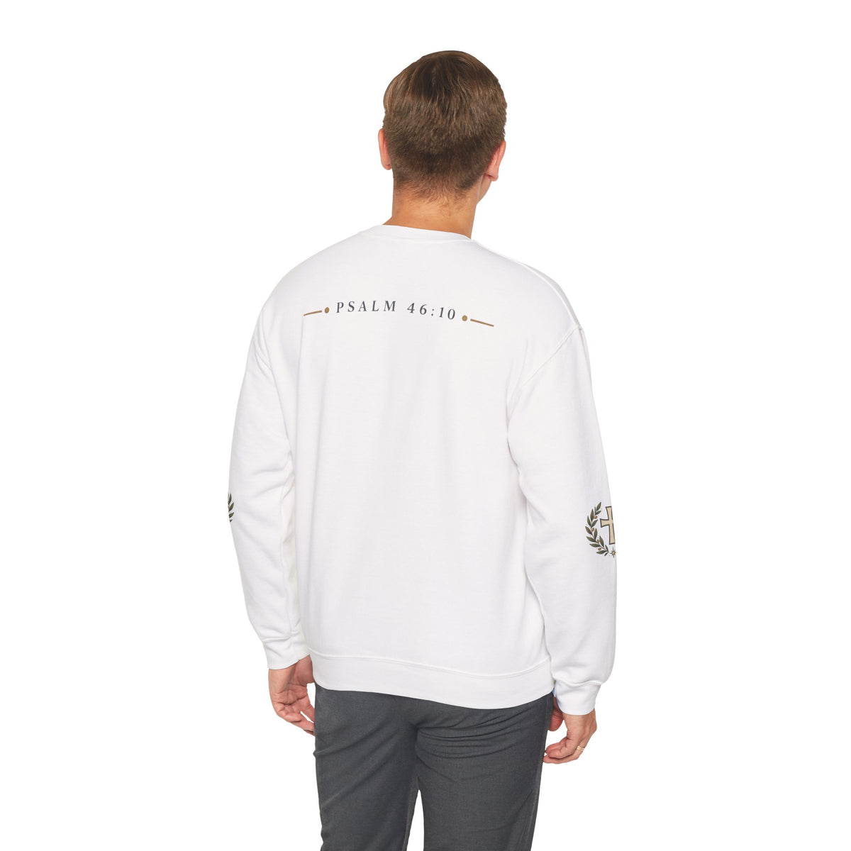 Crewneck Sweatshirt — "Be Still" Psalm 46:10 Christian Cross Design