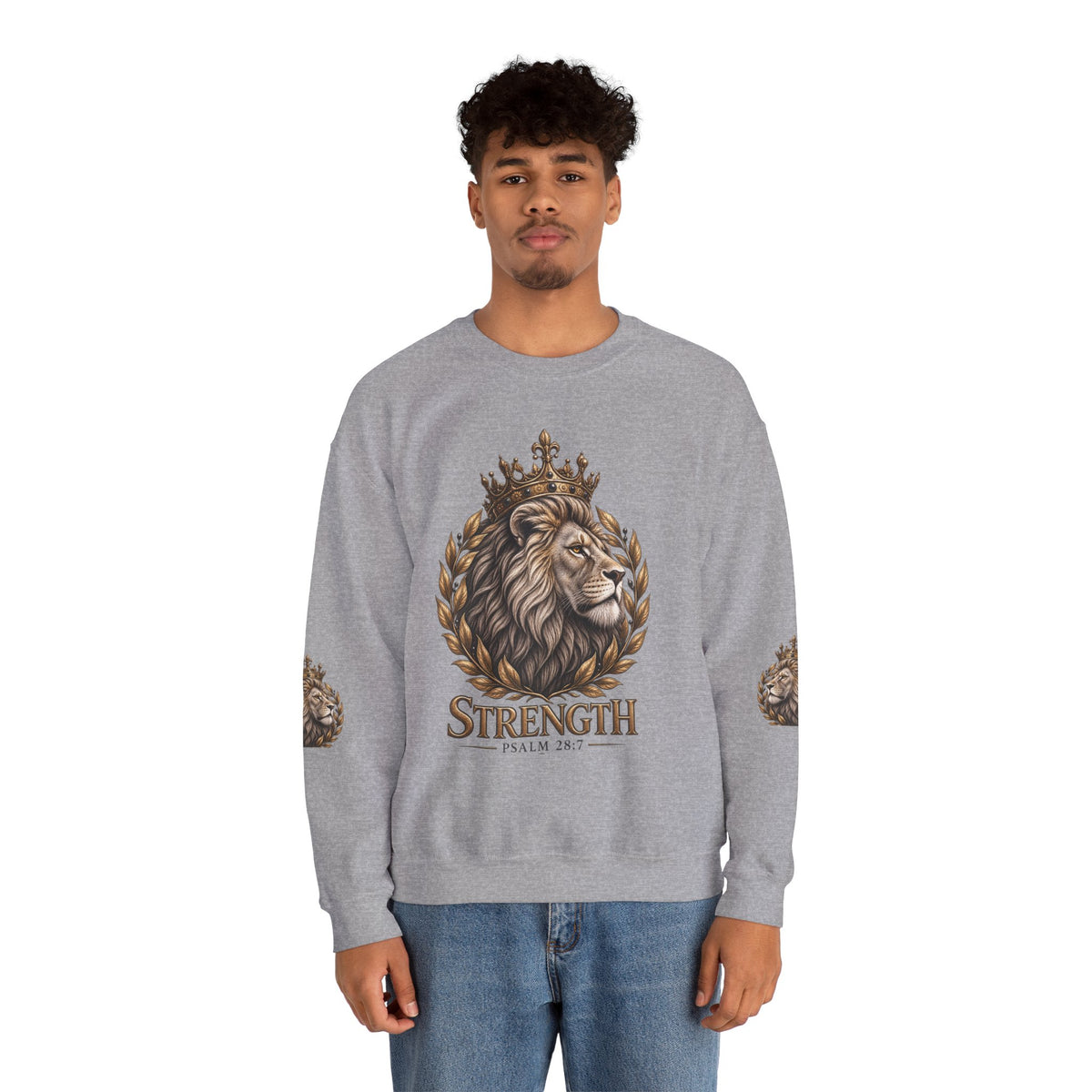 Strength Lion Crewneck Sweatshirt — Psalm 28:7 Inspirational Pullover