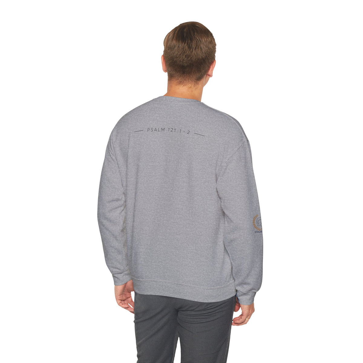 Courage Spartan Helmet Crewneck Sweatshirt — "Courage" with Laurel & Psalm 121:1-2