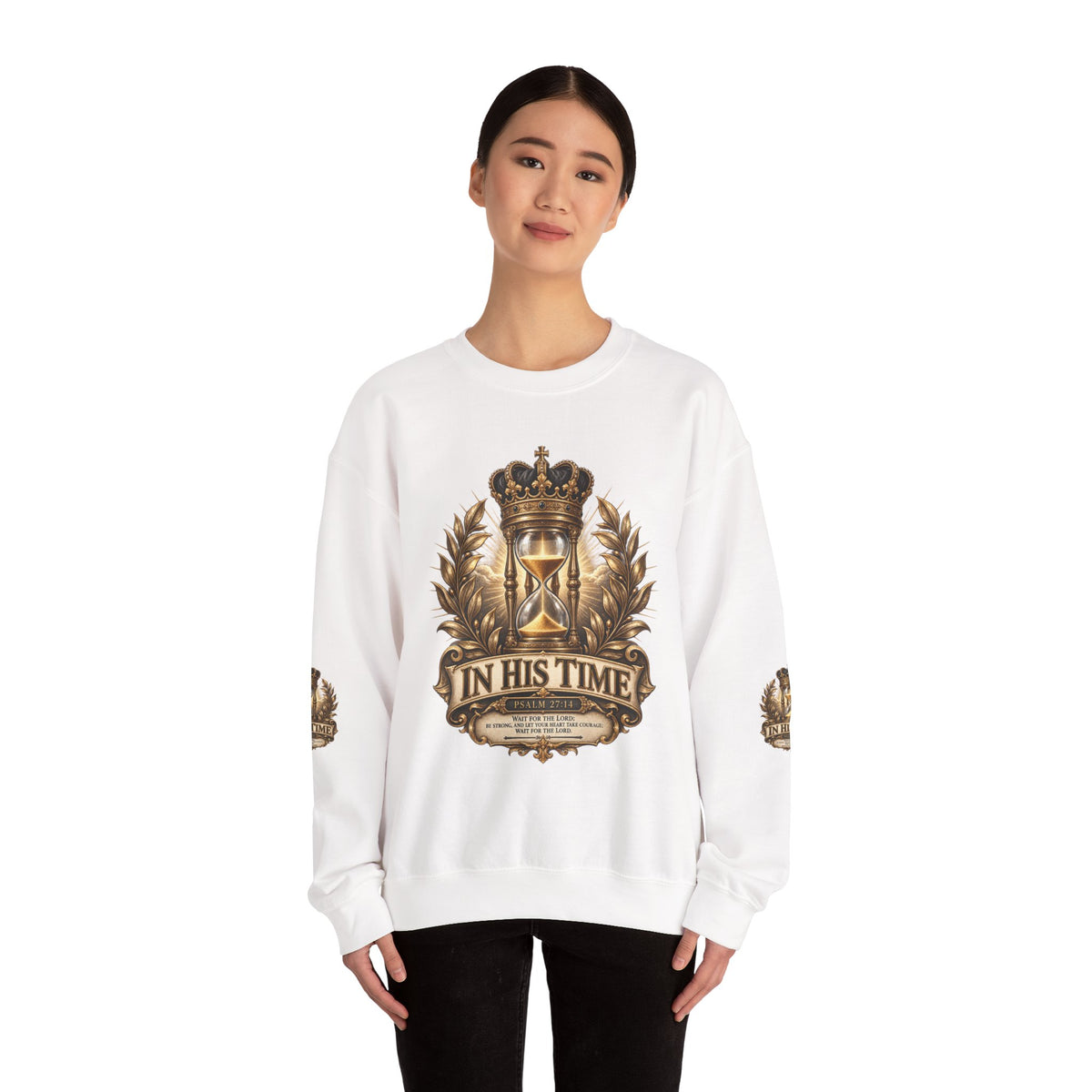 In His Time Crewneck Sweatshirt – Inspirational Christian Scripture Hourglass Design