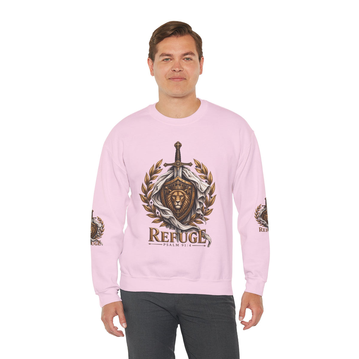 Crewneck Sweatshirt — 'Refuge' Lion & Sword Psalm 91:4 Christian Pullover