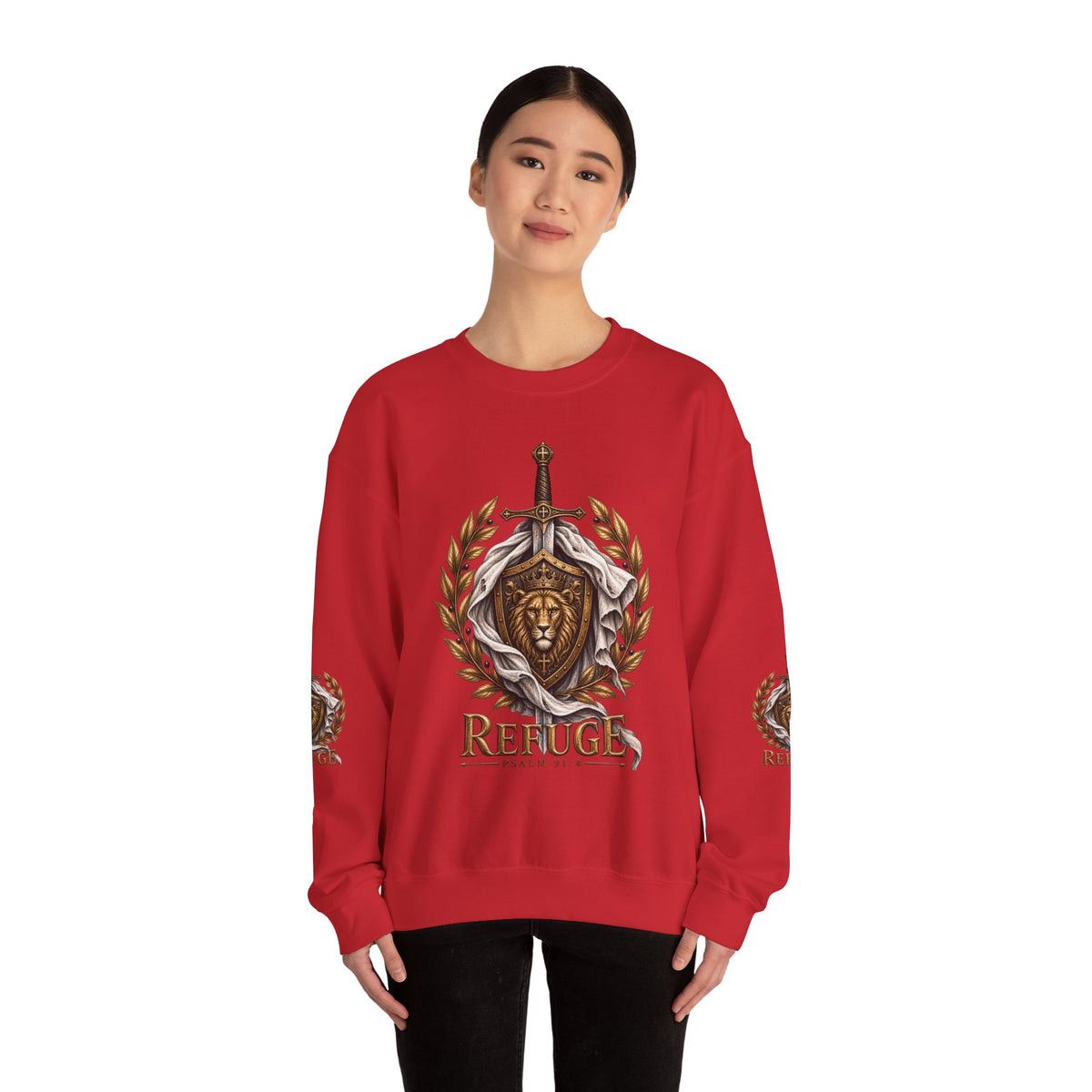 Crewneck Sweatshirt — 'Refuge' Lion & Sword Psalm 91:4 Christian Pullover