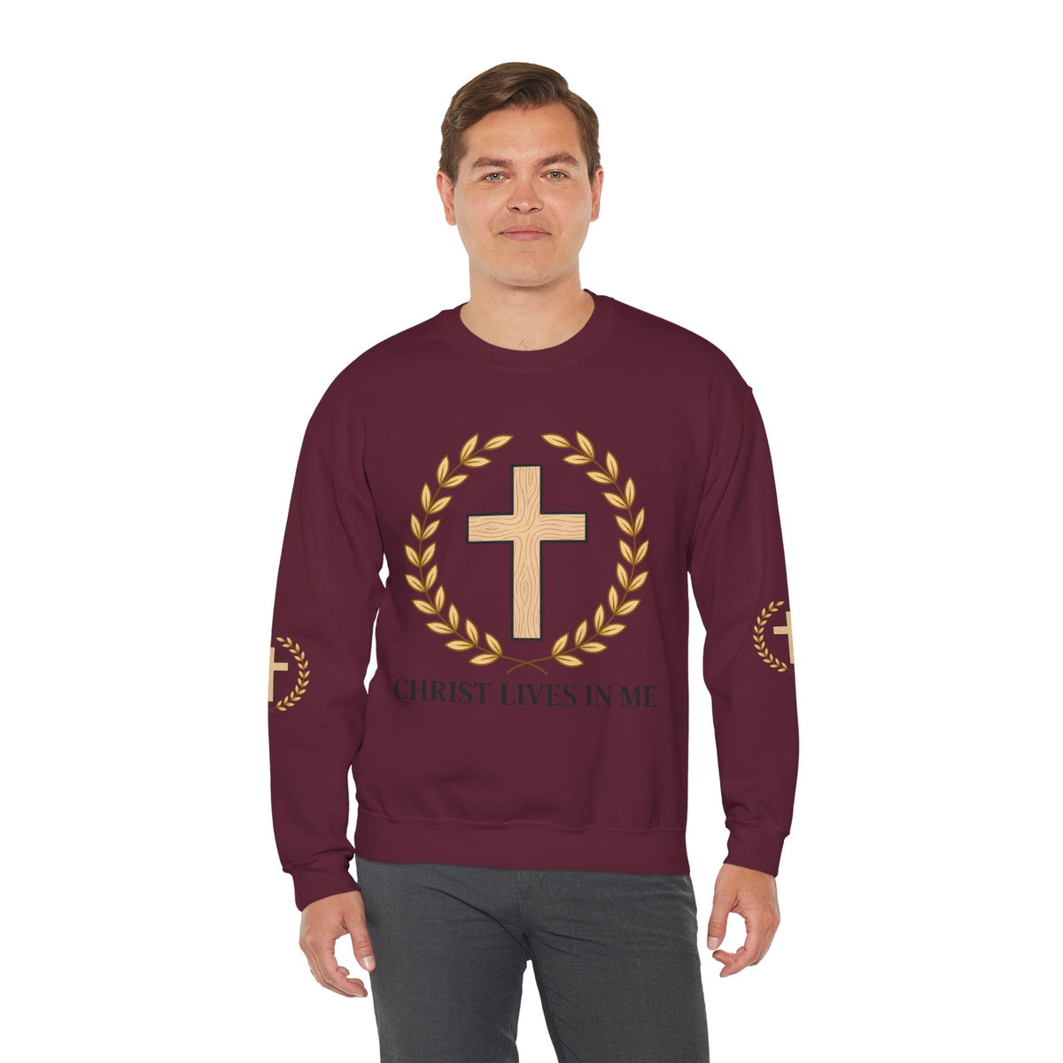 Christian Cross Crewneck Sweatshirt – "Christ Lives in Me" Religious Pullover