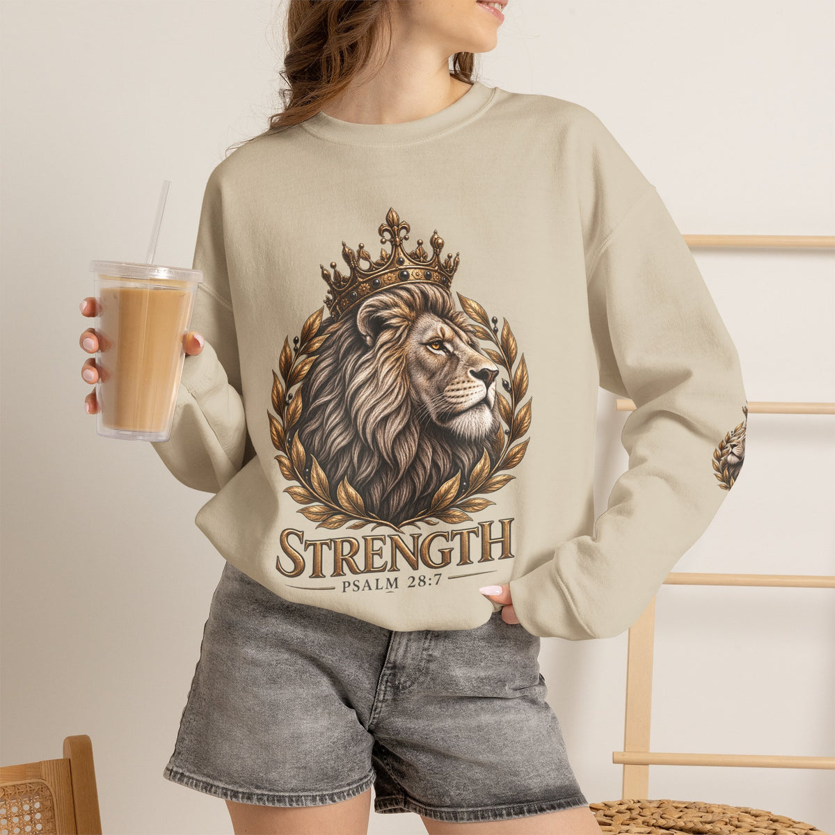 Strength Lion Crewneck Sweatshirt — Psalm 28:7 Inspirational Pullover