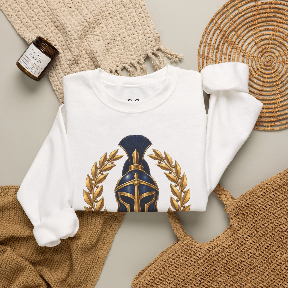 Crewneck Sweatshirt — "Be Strong and Take Heart" Psalm 31:24 Spartan Helmet Design
