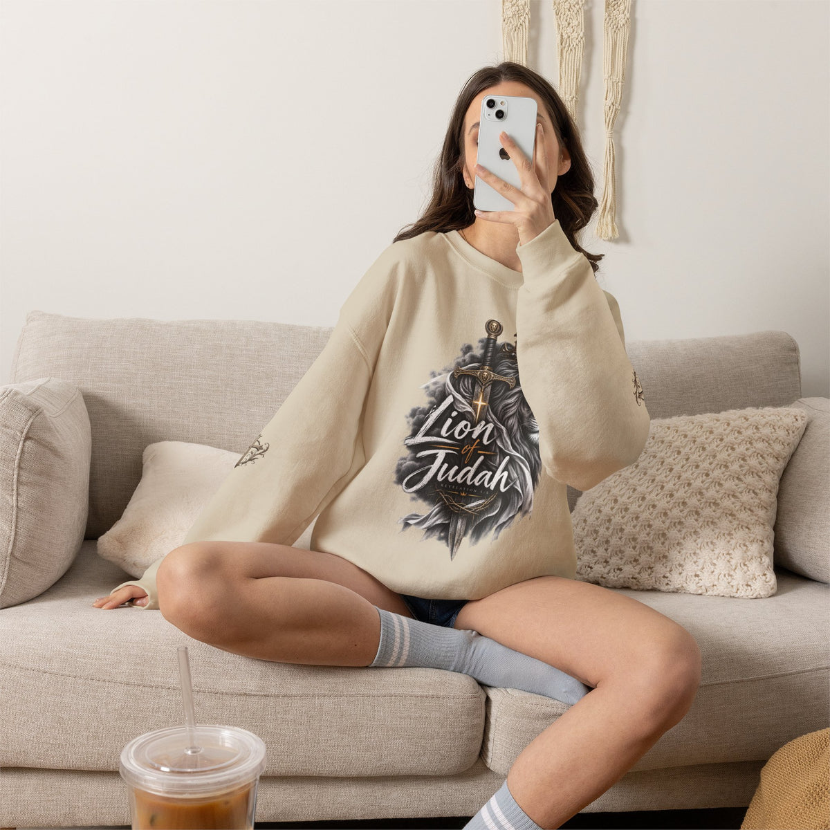 Lion of Judah Sweatshirt — Christian Lion Crewneck with Crown & Ichthys Back