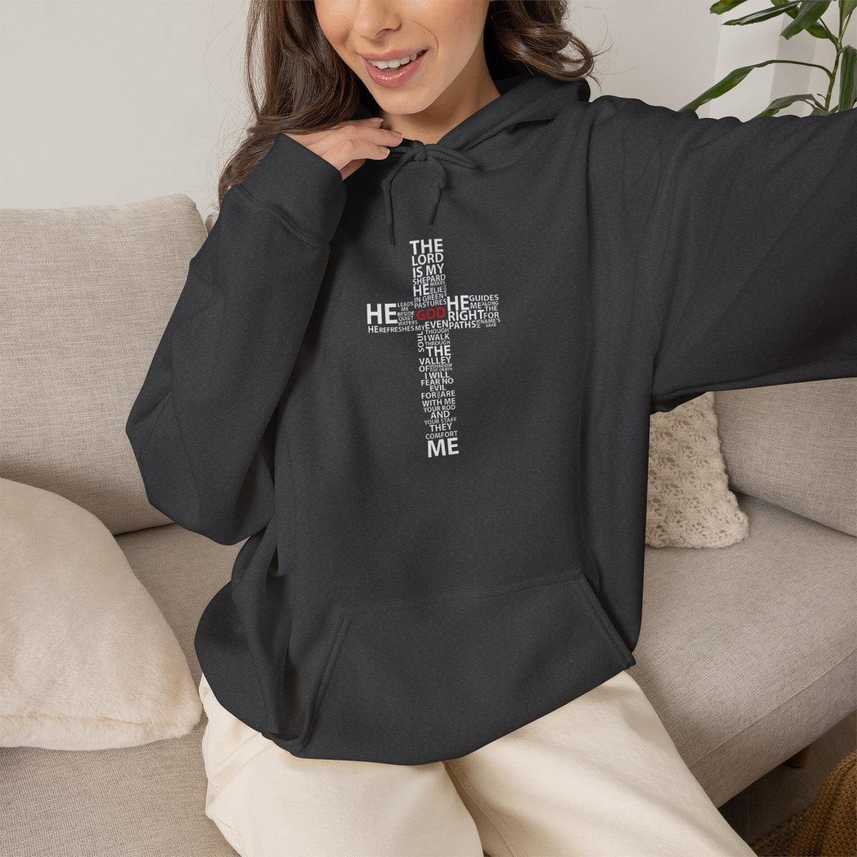 Christian Cross Hoodie - "He Renewed Me" Word Cloud Faith Sweatshirt
