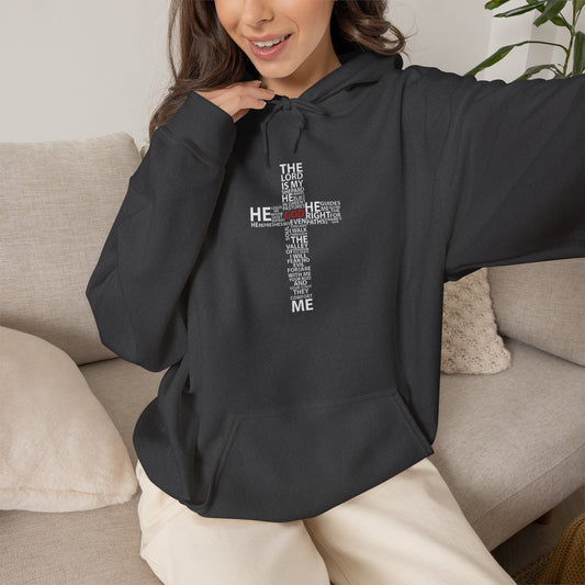 Christian Cross Hoodie - "He Renewed Me" Word Cloud Faith Sweatshirt