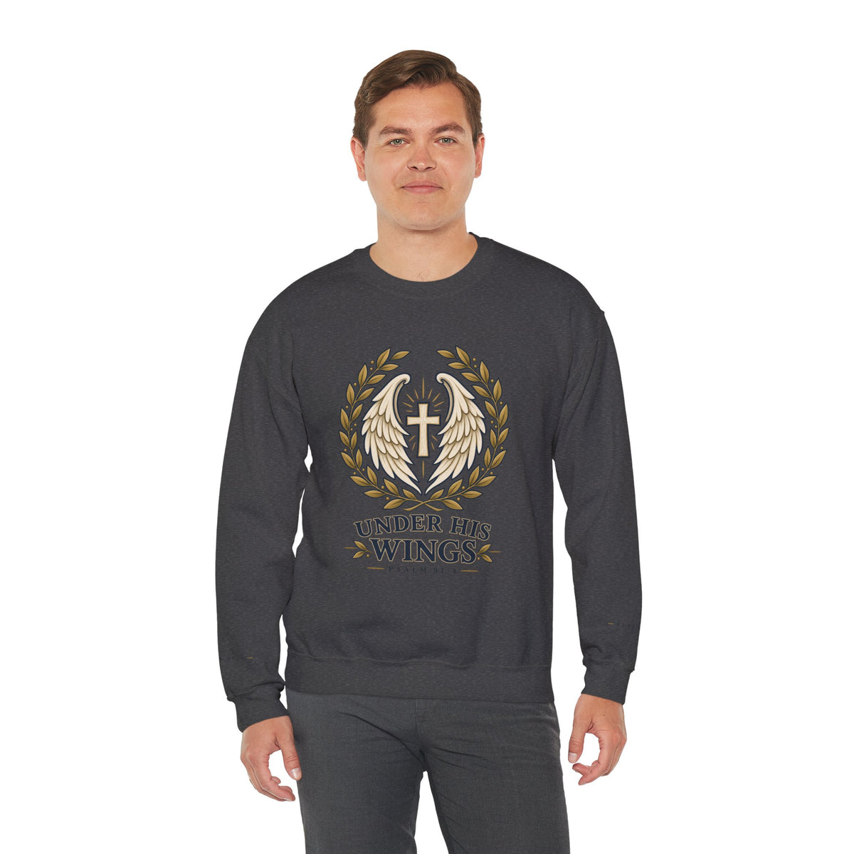 Under His Wings Crewneck Sweatshirt — Christian Cross & Angel Wings Psalm Design