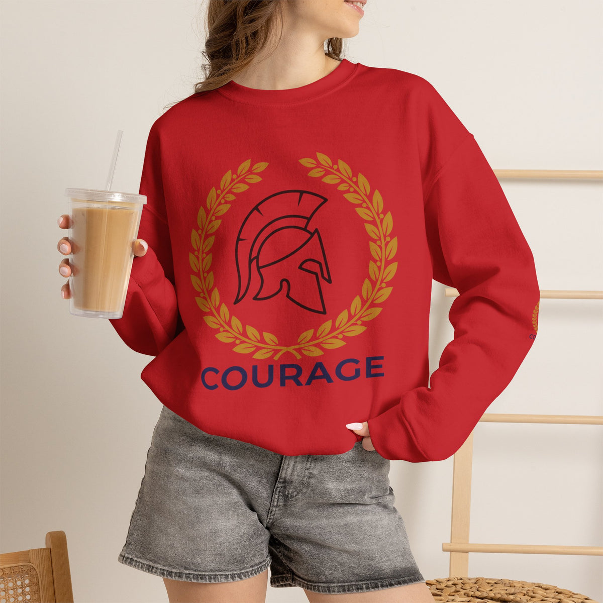 Courage Spartan Helmet Crewneck Sweatshirt — "Courage" with Laurel & Psalm 121:1-2