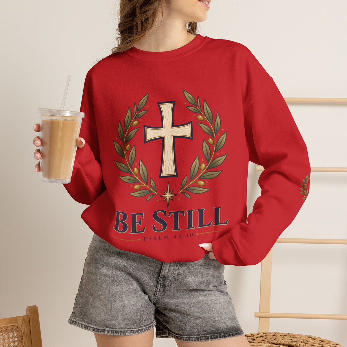 Crewneck Sweatshirt — "Be Still" Psalm 46:10 Christian Cross Design