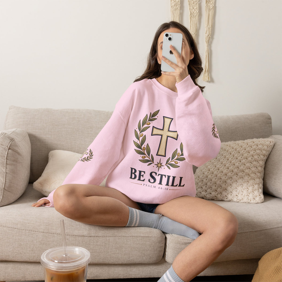 Crewneck Sweatshirt — "Be Still" Psalm 46:10 Christian Cross Design