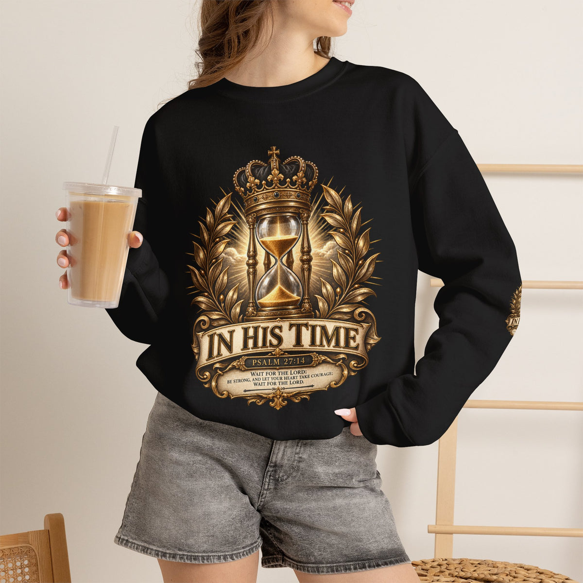 In His Time Crewneck Sweatshirt – Inspirational Christian Scripture Hourglass Design