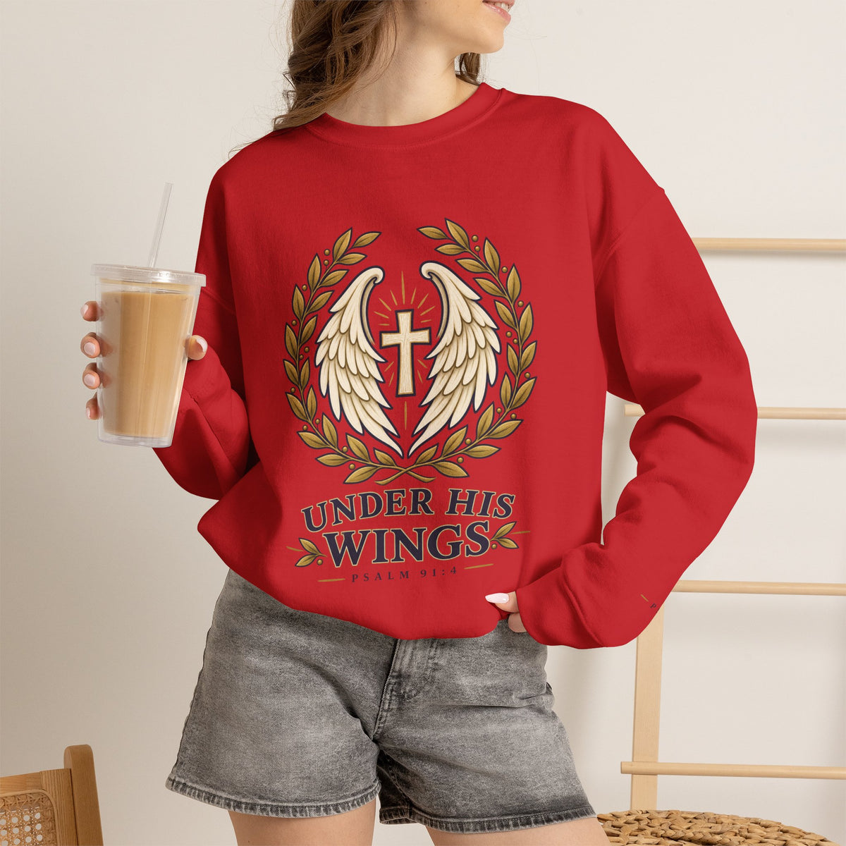Under His Wings Crewneck Sweatshirt — Christian Cross & Angel Wings Psalm Design