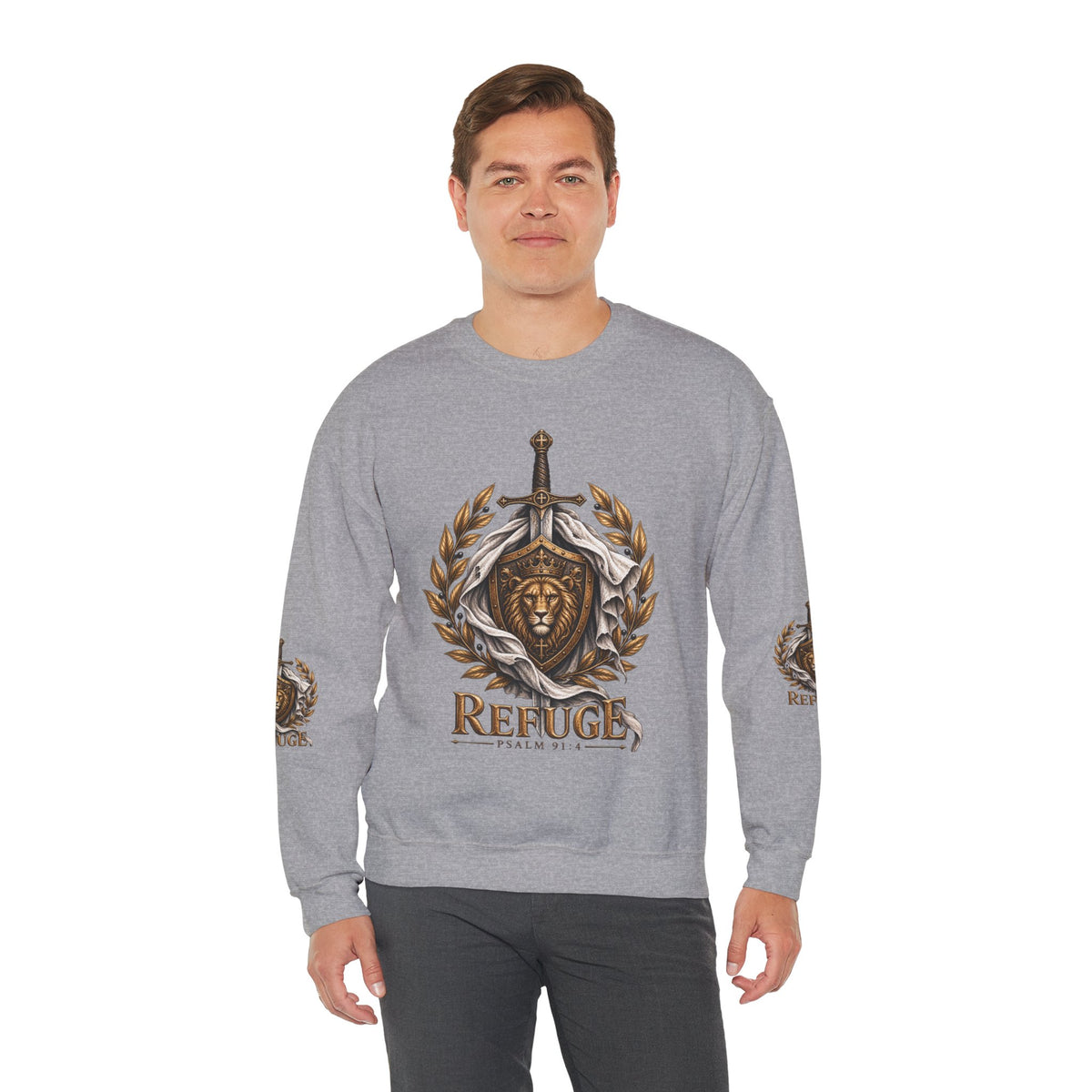 Crewneck Sweatshirt — 'Refuge' Lion & Sword Psalm 91:4 Christian Pullover