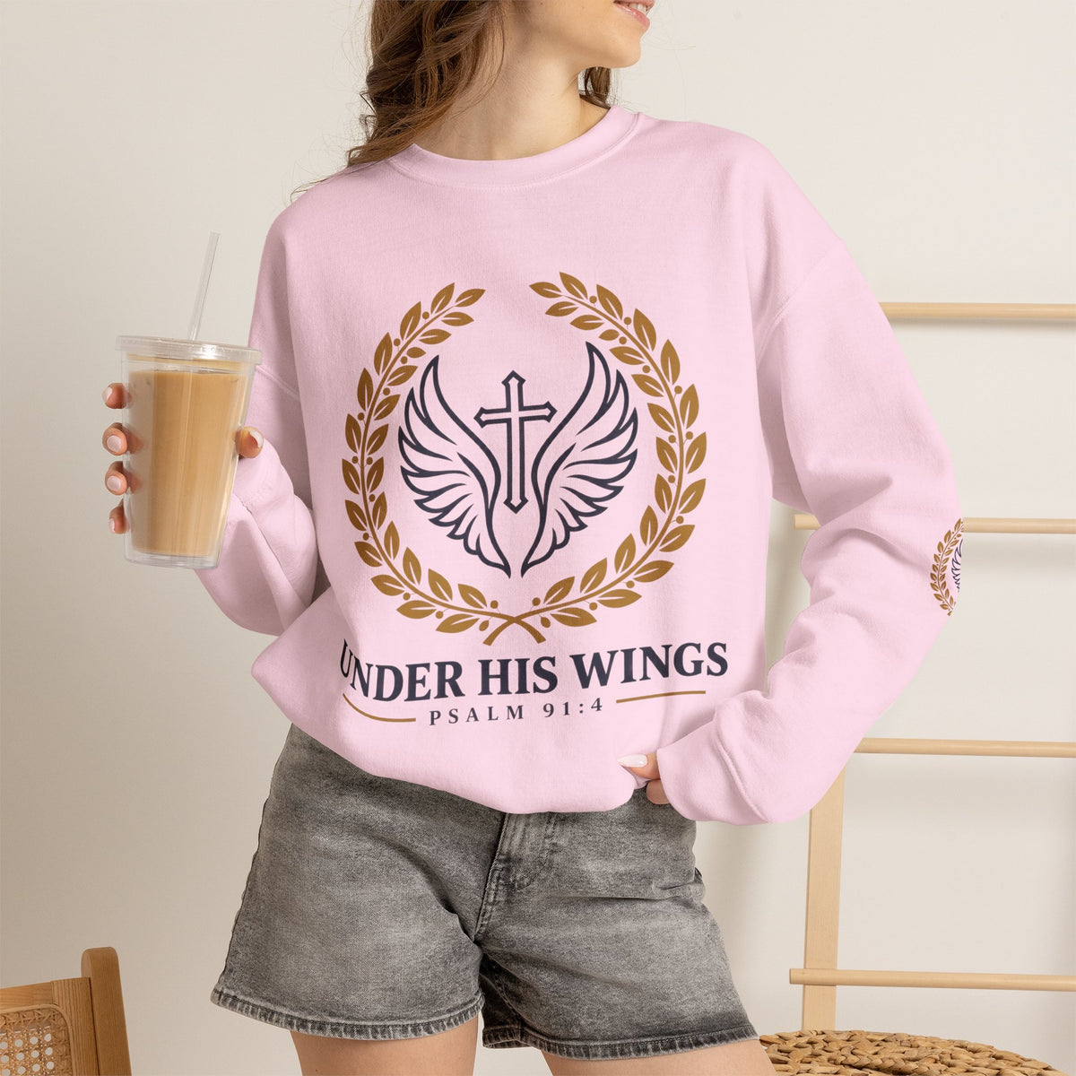 Religious Crewneck Sweatshirt – “Under His Wings” Psalm 91:4 Christian Pullover
