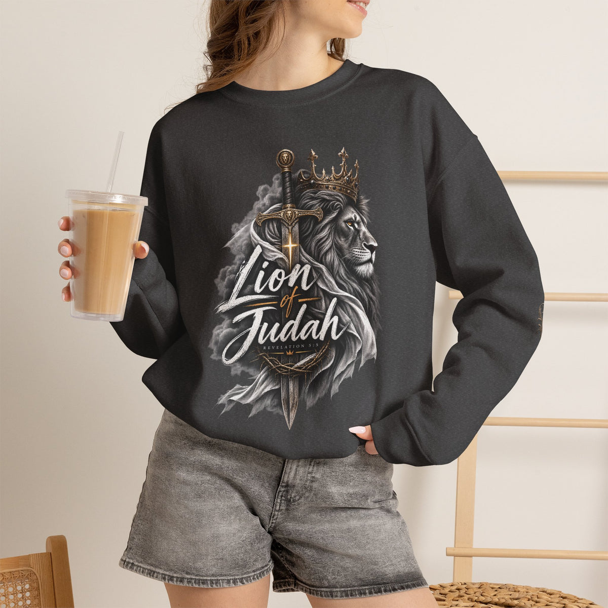 Lion of Judah Sweatshirt — Christian Lion Crewneck with Crown & Ichthys Back