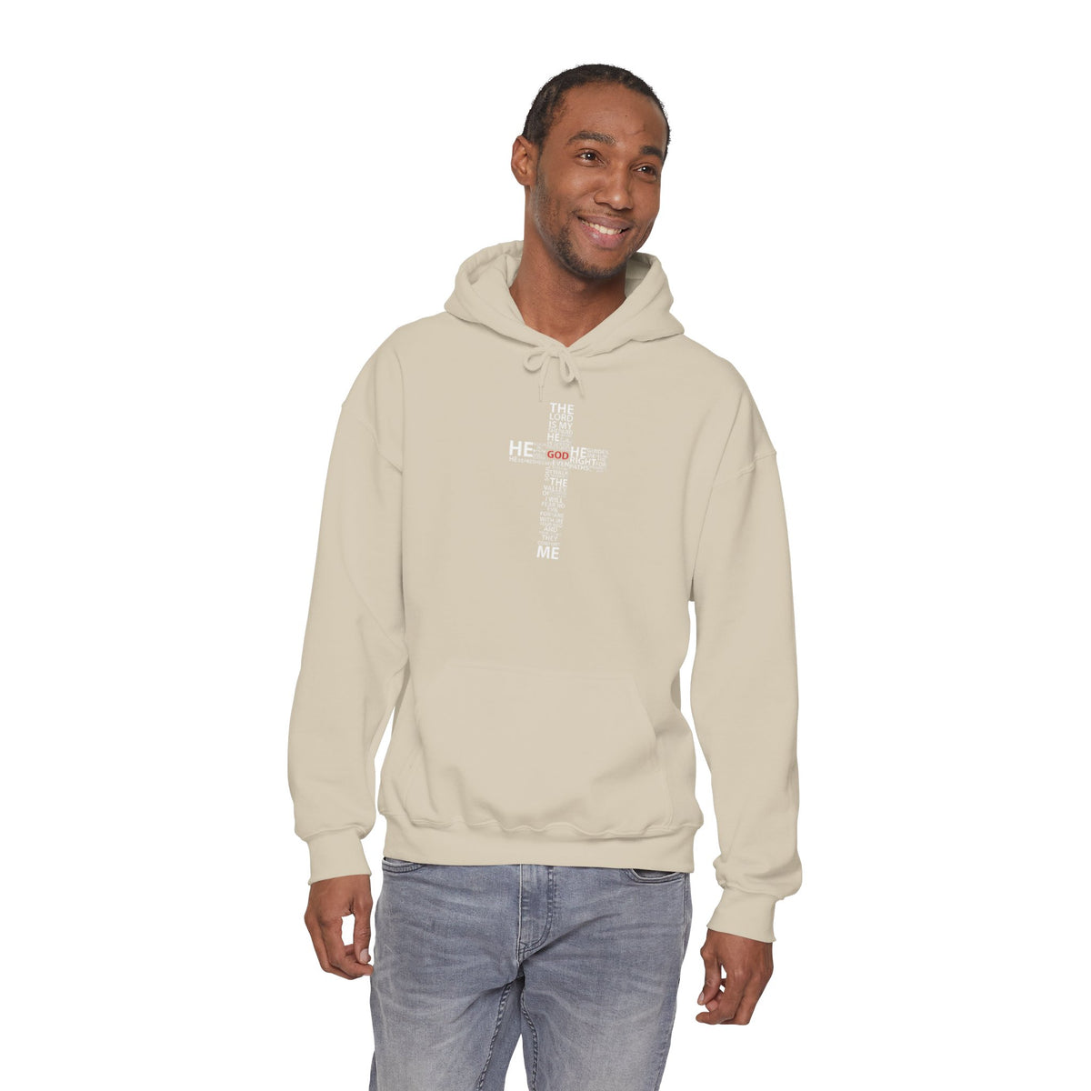 Christian Cross Hoodie - "He Renewed Me" Word Cloud Faith Sweatshirt