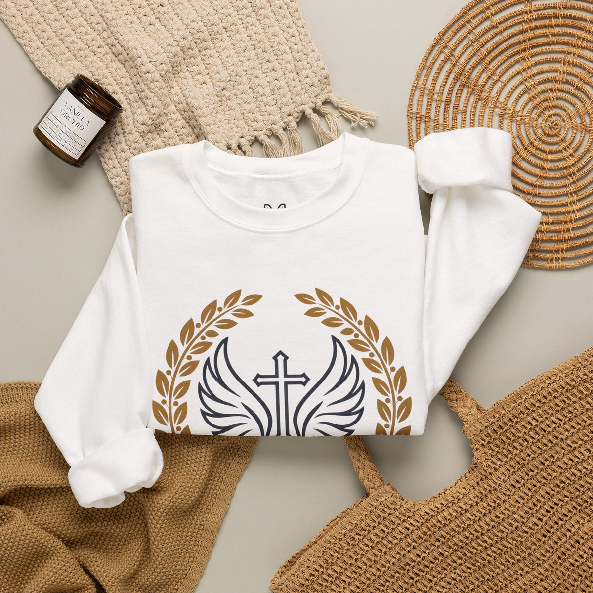 Religious Crewneck Sweatshirt – “Under His Wings” Psalm 91:4 Christian Pullover