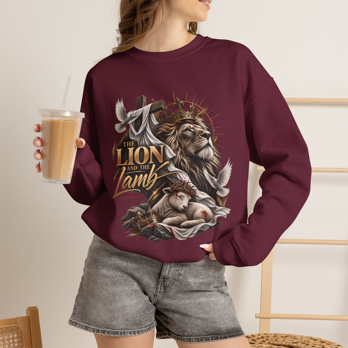 Lion and Lamb Crewneck Sweatshirt — "The Lion and the Lamb" Christian Graphic Pullover